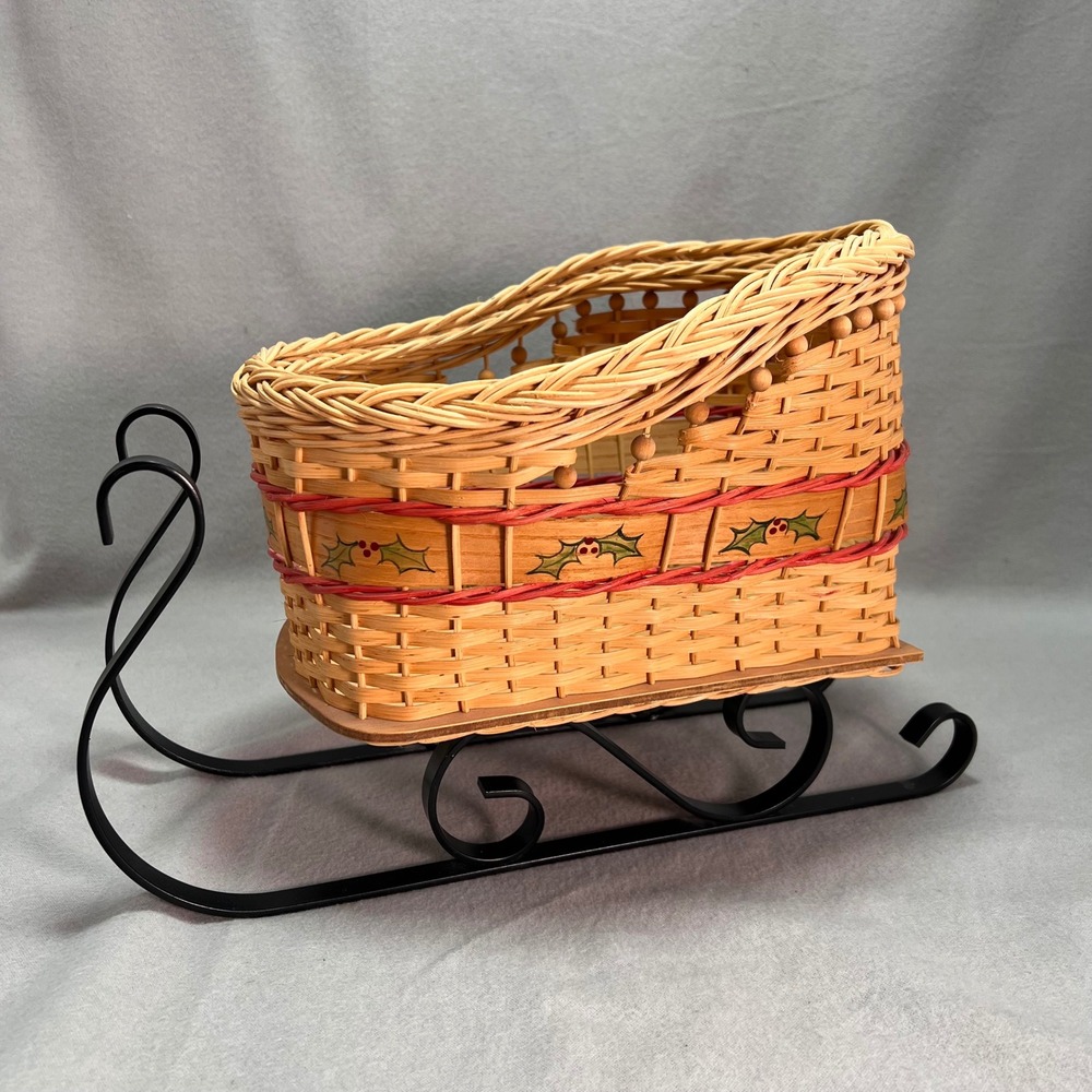 Handwoven Sleigh Basket Hand Painted Holly Band Cozy Cottage Holiday Decor